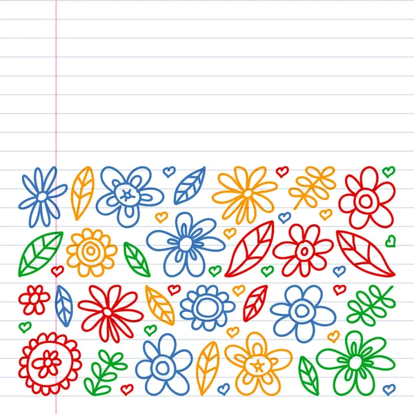 Vector set of child drawing flowers . Painted, colorful, pictures on a piece of paper on white background. Drawing on exercise notebook in colorful style. — Stock Vector