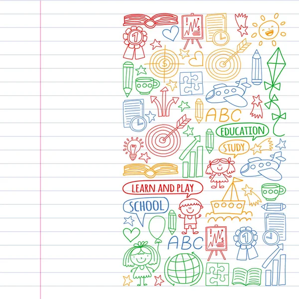 Conjunto vectorial de aprendizaje del idioma inglés, iconos de dibujo infantil en estilo doodle. Pintado, colorido, imágenes en un pedazo de papel sobre fondo blanco. Dibujo en cuaderno de ejercicios en estilo colorido . — Vector de stock