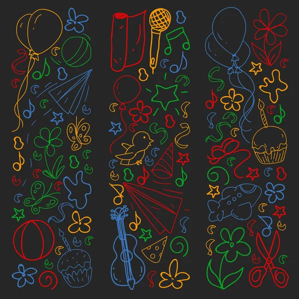 Векторный набор милых креативных иллюстраций с тематическим оформлением дня рождения. Ручной рисунок на праздник, приглашения на вечеринку. Рисунок с цветным мелом на доске . — стоковый вектор