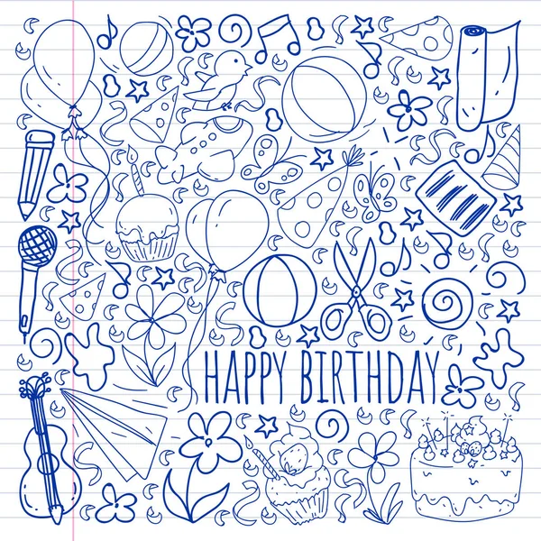 Drawing by pen on exercise notebook. Vector set of cute creative illustration templates with birthday theme design. Hand Drawn for holiday, party invitations. — Stock Vector