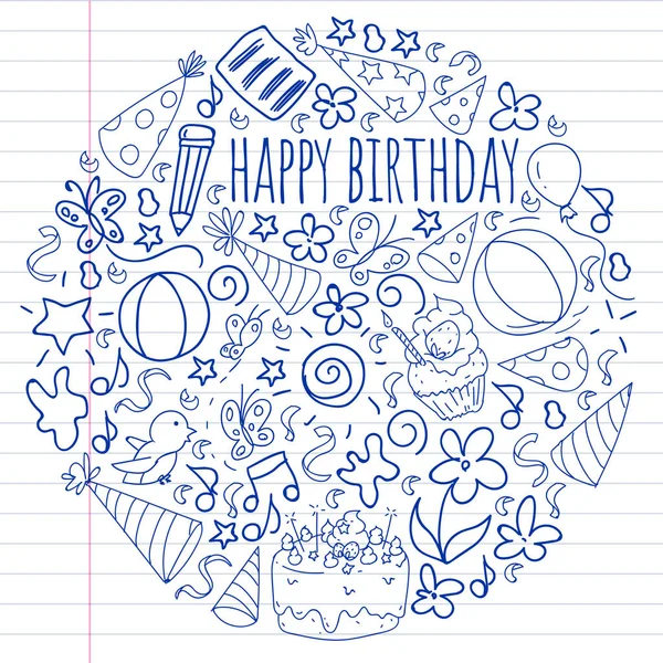 Dessin au stylo sur carnet d'exercices. Ensemble vectoriel de modèles d'illustration créatifs mignons avec conception de thème d'anniversaire. Dessiné à la main pour les vacances, invitations de fête . — Image vectorielle