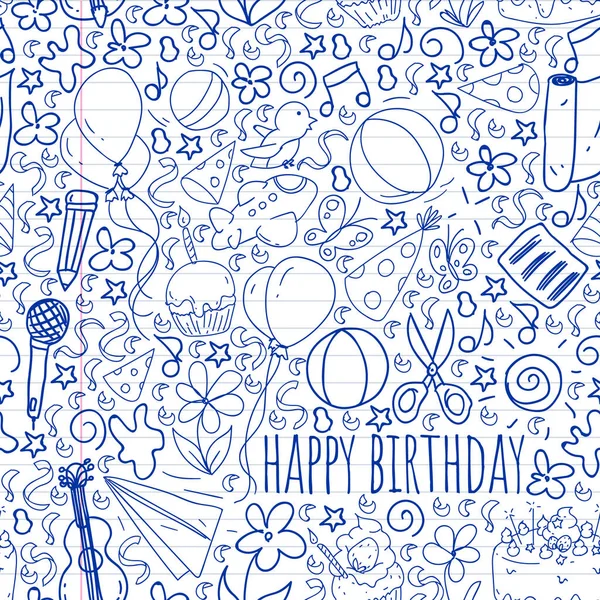 Zeichnung mit Stift auf dem Schulheft. Vektor-Set von niedlichen kreativen Illustrationsvorlagen mit Geburtstagsdesign. Hand gezeichnet für Urlaub, Party-Einladungen. — Stockvektor