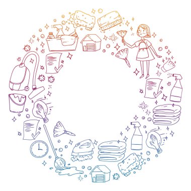 Temizlik hizmetleri şirket vektör deseni. Renkli degrade stilinde dizüstü bilgisayar çizimi.