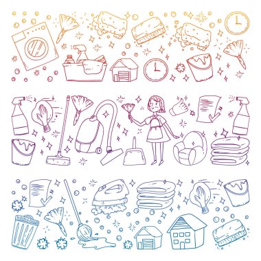 Temizlik hizmetleri şirket vektör deseni. Renkli degrade stilinde dizüstü bilgisayar çizimi.