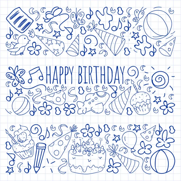Conjunto vectorial de lindas plantillas de ilustración creativa con diseño de tema de cumpleaños. Dibujado a mano para vacaciones, invitaciones a fiestas. Dibujo en cuaderno cuadrado . — Vector de stock