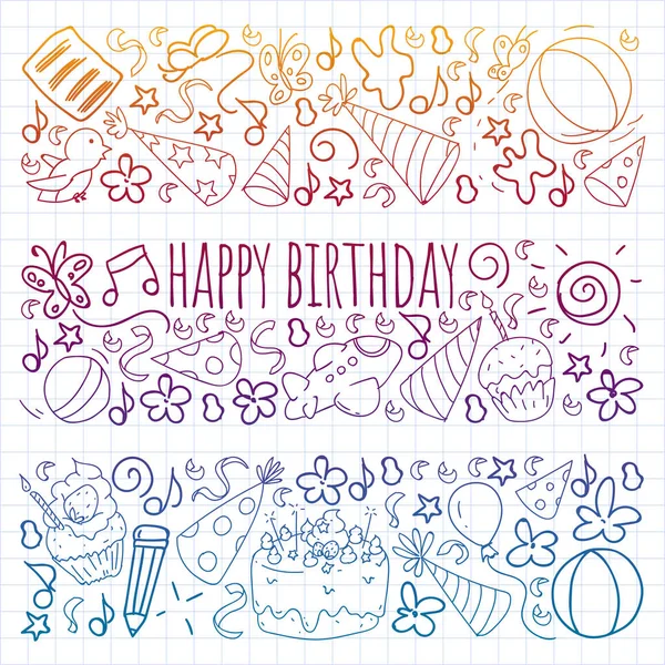 Vector set of cute creative illustration templates with birthday theme design. Hand Drawn for holiday, party invitations. Drawing on squared notebook in gradient style. — Stock Vector