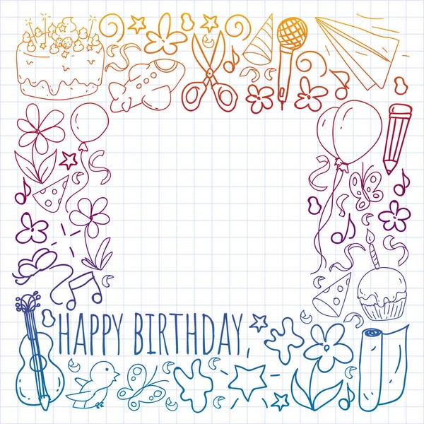 Conjunto vectorial de lindas plantillas de ilustración creativa con diseño de tema de cumpleaños. Dibujado a mano para vacaciones, invitaciones a fiestas. Dibujo en cuaderno cuadrado en estilo degradado . — Vector de stock