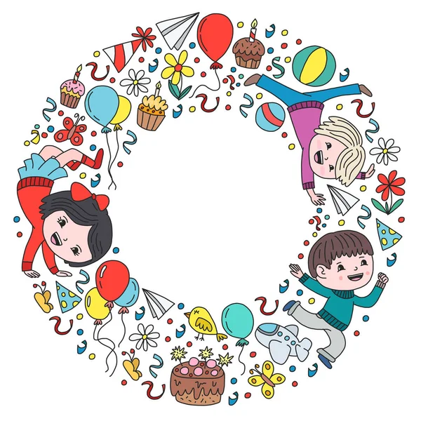Ilustrație vectorială în stil desene animate, companie activă de copii preșcolari jucăuși sărind, la o petrecere, ziua de naștere . — Vector de stoc