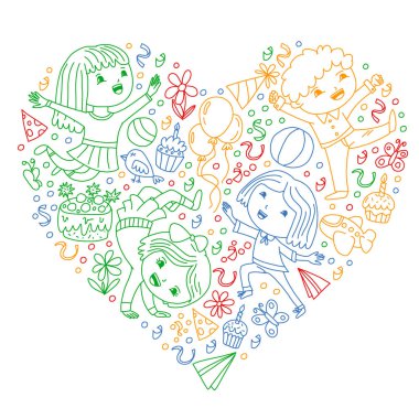 Karikatür tarzında Vektör illüstrasyon, eğlenceli okul öncesi çocuklar atlama aktif şirket, bir partide, doğum günü.