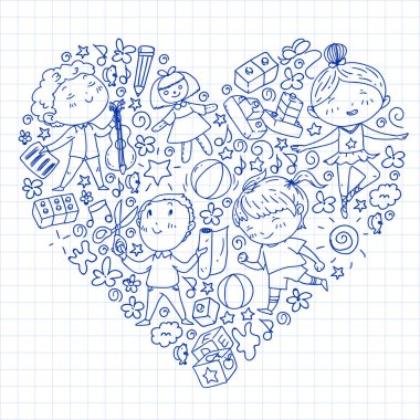 Çocukluk teması üzerinde el stili desen boyalı. Çocuk tasarımı için vektör illüstrasyon. Kareli not defterine çizim.