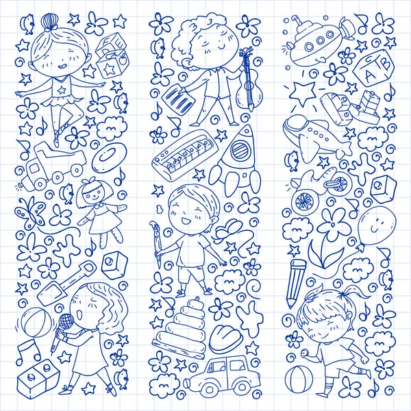 Çocukluk teması üzerinde el stili desen boyalı. Çocuk tasarımı için vektör illüstrasyon. Kareli not defterine çizim.