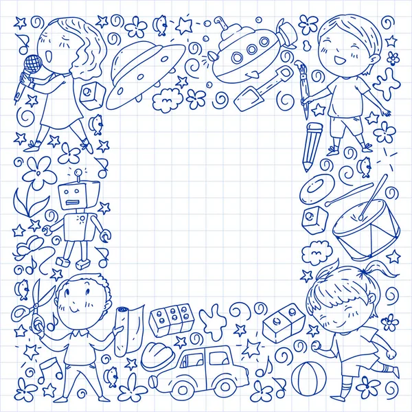 Dipinto a mano modello di stile sul tema dell'infanzia. Illustrazione vettoriale per il design dei bambini. Disegno su quaderno quadrato . — Vettoriale Stock