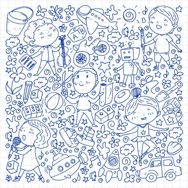 Gemalt von Hand Stil Muster auf das Thema der Kindheit. Vektor-Illustration für Kinderdesign. Zeichnung auf kariertem Notizbuch. — Stockvektor