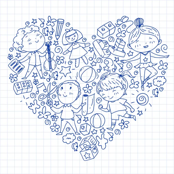 Çocukluk teması üzerinde el stili desen boyalı. Çocuk tasarımı için vektör illüstrasyon. Kareli not defterine çizim.