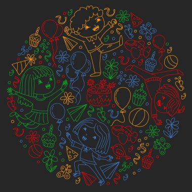 Karikatür tarzında Vektör illüstrasyon, eğlenceli okul öncesi çocuklar atlama aktif şirket, bir partide, doğum günü. Bir okul tahta üzerinde renkli tebeşir çizim.