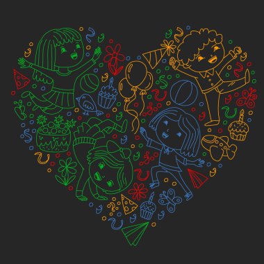 Karikatür tarzında Vektör illüstrasyon, eğlenceli okul öncesi çocuklar atlama aktif şirket, bir partide, doğum günü. Bir okul tahta üzerinde renkli tebeşir çizim.