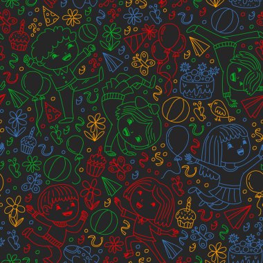 Karikatür tarzında Vektör illüstrasyon, eğlenceli okul öncesi çocuklar atlama aktif şirket, bir partide, doğum günü. Bir okul tahta üzerinde renkli tebeşir çizim.