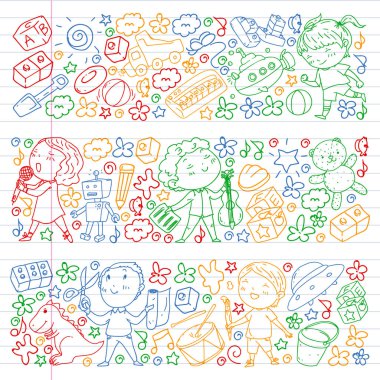 Çocukluk teması üzerinde el stili desen boyalı. Çocuk tasarımı için vektör illüstrasyon. Renkli tarzda egzersiz dizüstü çizim.