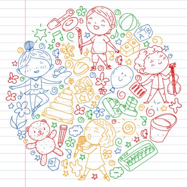 Çocukluk teması üzerinde el stili desen boyalı. Çocuk tasarımı için vektör illüstrasyon. Renkli tarzda egzersiz dizüstü çizim.