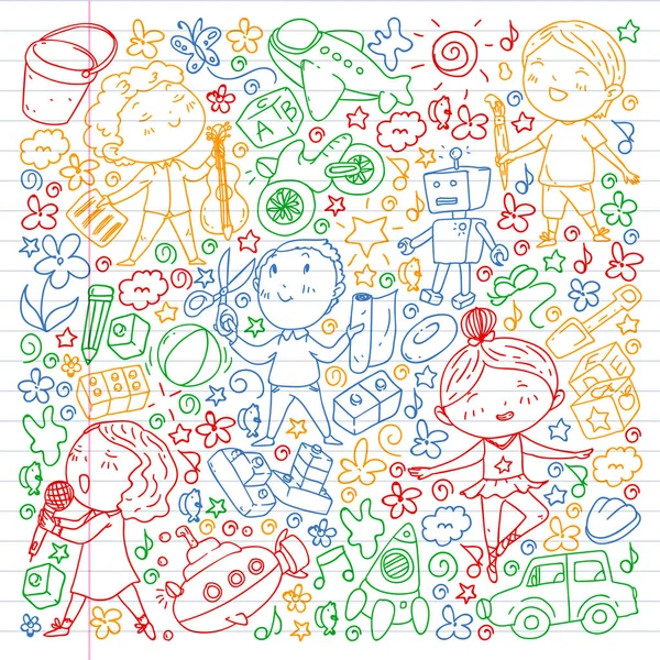 Gemalt von Hand Stil Muster auf das Thema der Kindheit. Vektor-Illustration für Kinderdesign. Zeichnen auf dem Schulheft in buntem Stil. — Stockvektor