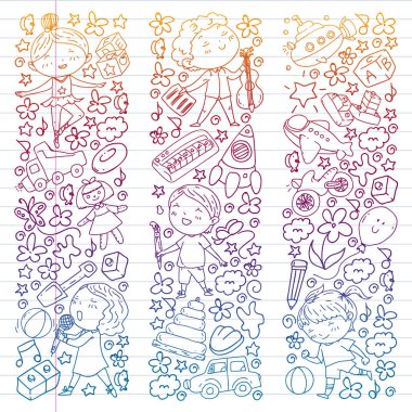 Çocukluk teması üzerinde el stili desen boyalı. Çocuk tasarımı için vektör illüstrasyon. Degrade tarzında egzersiz dizüstü çizim.