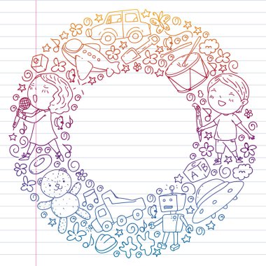 Çocukluk teması üzerinde el stili desen boyalı. Çocuk tasarımı için vektör illüstrasyon. Degrade tarzında egzersiz dizüstü çizim.