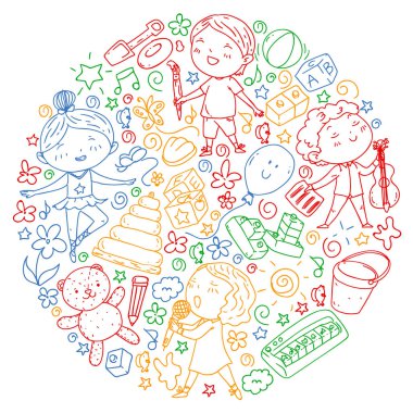 Çocukluk teması üzerinde el stili desen boyalı. Çocuk tasarımı için vektör illüstrasyon. Renkli tarzda egzersiz dizüstü çizim.