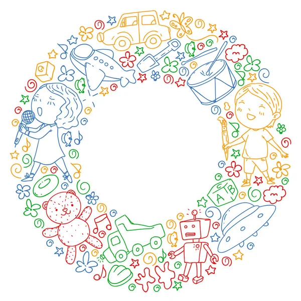Çocukluk teması üzerinde el stili desen boyalı. Çocuk tasarımı için vektör illüstrasyon. Renkli tarzda egzersiz dizüstü çizim.