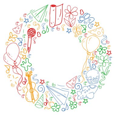 Doğum günü tema tasarımı ile sevimli yaratıcı illüstrasyon şablonları Vektör seti. Tatil için El Çizilmiş, parti davetiyeleri.