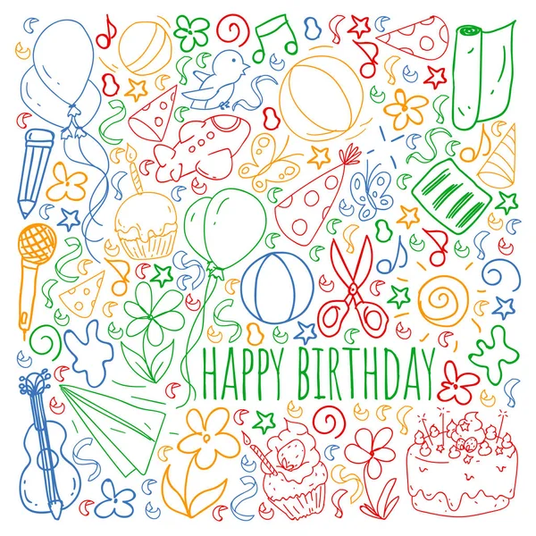Conjunto vectorial de lindas plantillas de ilustración creativa con diseño de tema de cumpleaños. Dibujado a mano para vacaciones, invitaciones a fiestas . — Archivo Imágenes Vectoriales