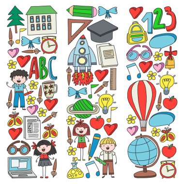 Geri okul simgeleri doodle tarzı vektör kümesi. Kağıda beyaz zemin üzerine boyalı, renkli, Resimler.