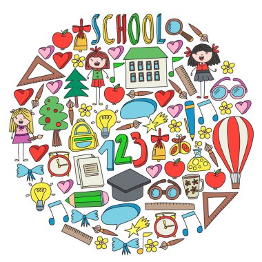 Geri okul simgeleri doodle tarzı vektör kümesi. Kağıda beyaz zemin üzerine boyalı, renkli, Resimler.