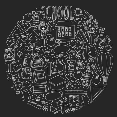 Vektör doodle tarzında okul simgeleri geri ayarlayın. Bir okul tahta üzerinde tebeşirli çizim.