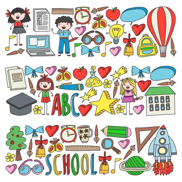 Vector set of Back to School icons in doodle style. Painted, colorful, pictures on a piece of paper on white background. — Stock Vector