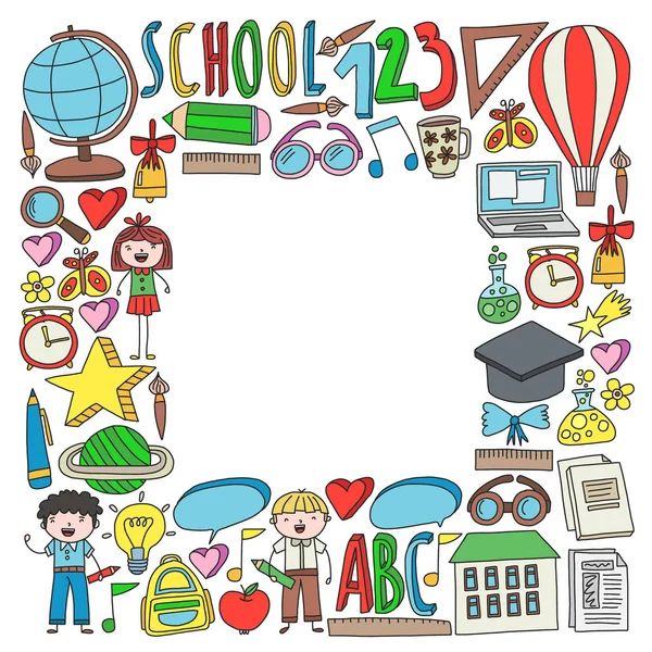 Conjunto vetorial de ícones Back to School em estilo doodle. Pintado, colorido, imagens em um pedaço de papel sobre fundo branco . —  Vetores de Stock