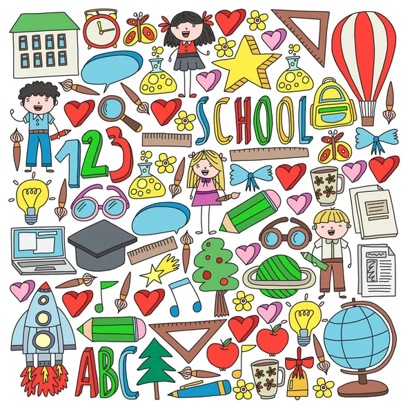 Conjunto vetorial de ícones Back to School em estilo doodle. Pintado, colorido, imagens em um pedaço de papel sobre fundo branco . —  Vetores de Stock