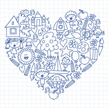 Macera zamanı. Hayal yaratıcılık küçük çocuklar anaokulu anaokulu okul çocukları karalama simgeler desen çizim oynamak, oyun, çalışma, mutlu erkek ve kız ile öğrenmek Uzay keşfedelim.