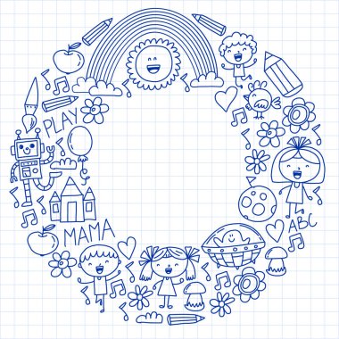 Macera zamanı. Hayal yaratıcılık küçük çocuklar anaokulu anaokulu okul çocukları karalama simgeler desen çizim oynamak, oyun, çalışma, mutlu erkek ve kız ile öğrenmek Uzay keşfedelim.