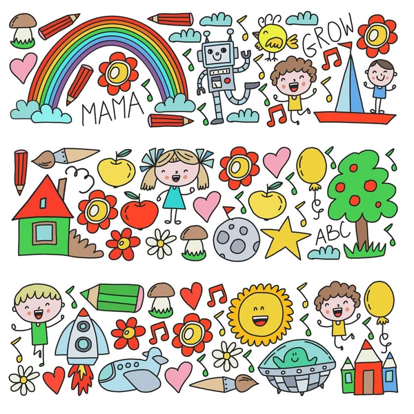 Zeit zum Abenteuer. Fantasie Kreativität kleine Kinder spielen Kindergarten Vorschulkinder Zeichnen Kritzelbilder Muster, spielen, studieren, lernen mit glücklichen Jungen und Mädchen lassen Sie uns den Raum erkunden. — Stockvektor