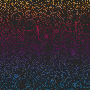 Çocukluk teması üzerinde el stili desen boyalı. Çocuk tasarımı için vektör illüstrasyon. Bir okul tahtası üzerinde renkli tebeşir ile çizim.