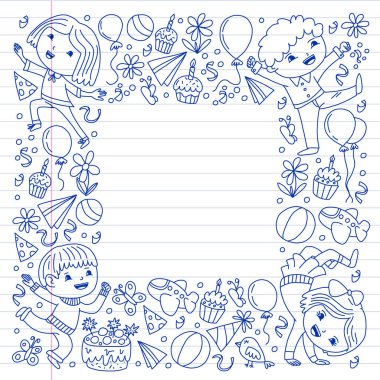 Karikatür tarzında Vektör illüstrasyon, eğlenceli okul öncesi çocuklar atlama aktif şirket, bir partide, doğum günü. Egzersiz not defteriüzerine çizim.