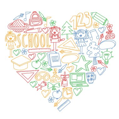 Geri okul simgeleri doodle tarzı vektör kümesi. Kağıda beyaz zemin üzerine boyalı, renkli, Resimler.