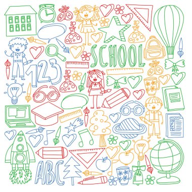 Geri okul simgeleri doodle tarzı vektör kümesi. Kağıda beyaz zemin üzerine boyalı, renkli, Resimler.