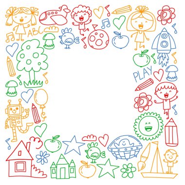 Macera zamanı. Hayal yaratıcılık küçük çocuklar anaokulu anaokulu okul çocukları karalama simgeler desen çizim oynamak, oyun, çalışma, mutlu erkek ve kız ile öğrenmek Uzay keşfedelim.