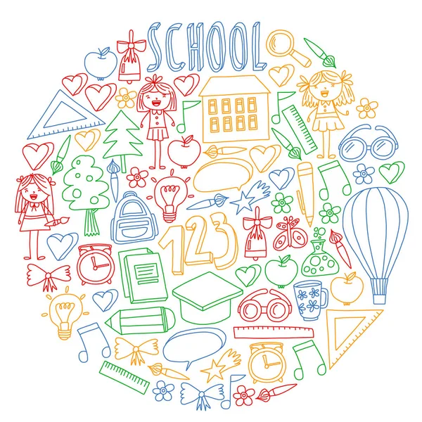 Geri okul simgeleri doodle tarzı vektör kümesi. Kağıda beyaz zemin üzerine boyalı, renkli, Resimler.