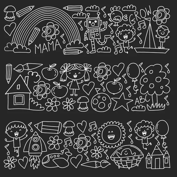 Time to adventure. Imagination creativity small children play nursery kindergarten preschool school kids drawing doodle icons pattern, play, study, learn with happy boys and girls Let's explore space. — Stock Vector