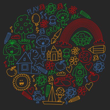 Macera zamanı. Hayal yaratıcılık küçük çocuklar anaokulu anaokulu okul çocukları karalama simgeleri çizim oynamak, desen, oyun, çalışma, mutlu erkek ve kız ile öğrenmek. Renkli çizim