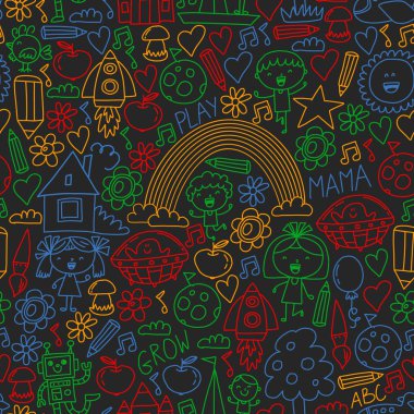 Macera zamanı. Hayal yaratıcılık küçük çocuklar anaokulu anaokulu okul çocukları karalama simgeleri çizim oynamak, desen, oyun, çalışma, mutlu erkek ve kız ile öğrenmek. Renkli çizim