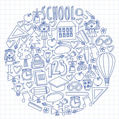 doodle stilinde Okula Dönüş simgelerinin vektör kümesi. Boyalı, renkli, beyaz arka plan üzerinde bir kağıt parçası üzerinde resimler. Kareli not defterine kalemle çizim.