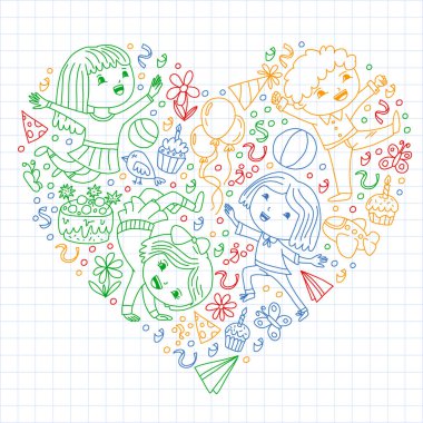 Karikatür tarzında Vektör illüstrasyon, eğlenceli okul öncesi çocuklar atlama aktif şirket, bir partide, doğum günü. Kareli dizüstü bilgisayarda renkli kalemle çizim.